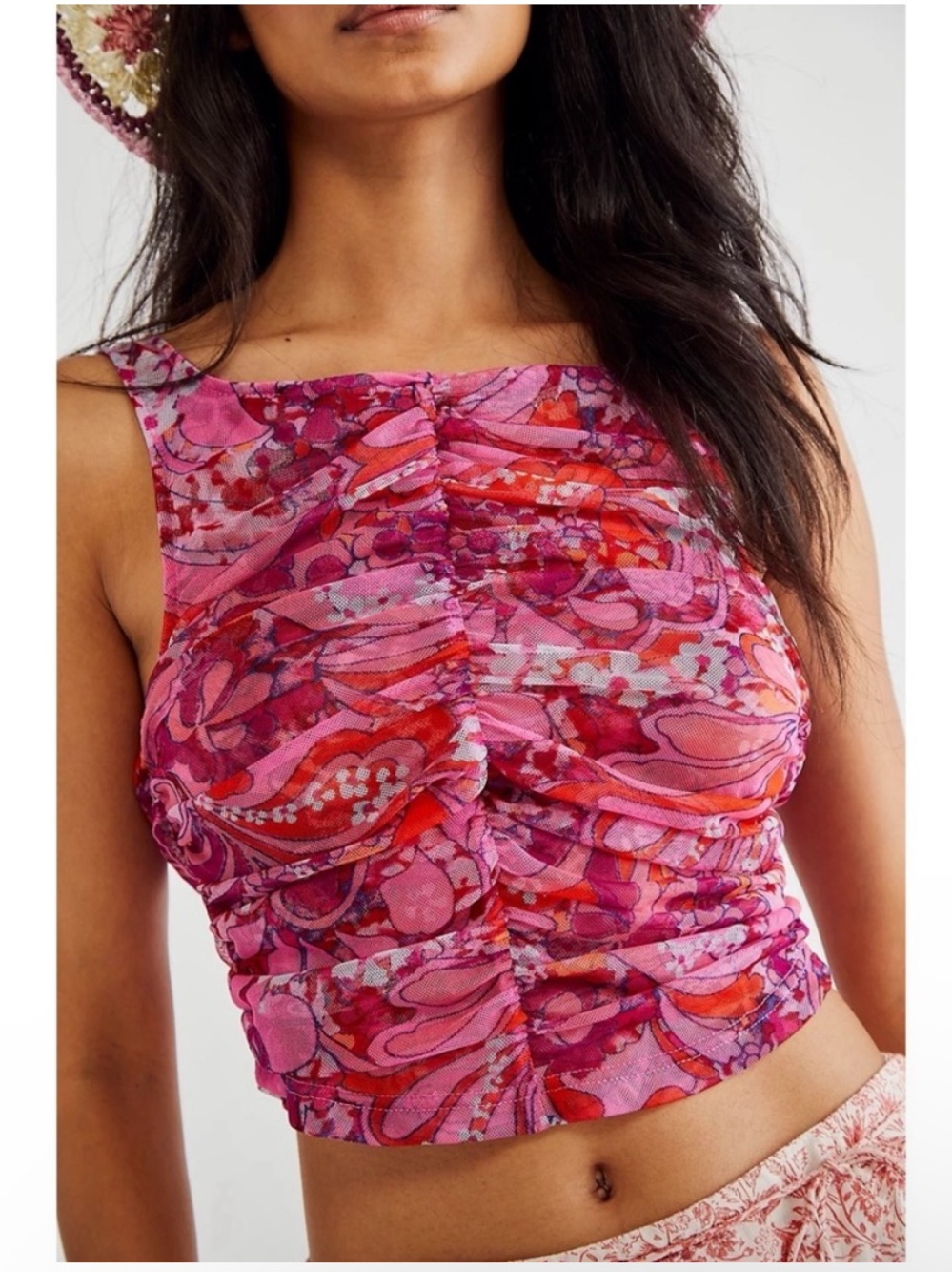 Free People Small Tell Me More Top Mesh Reversible Pink Ruch Floral Y2K Hippie